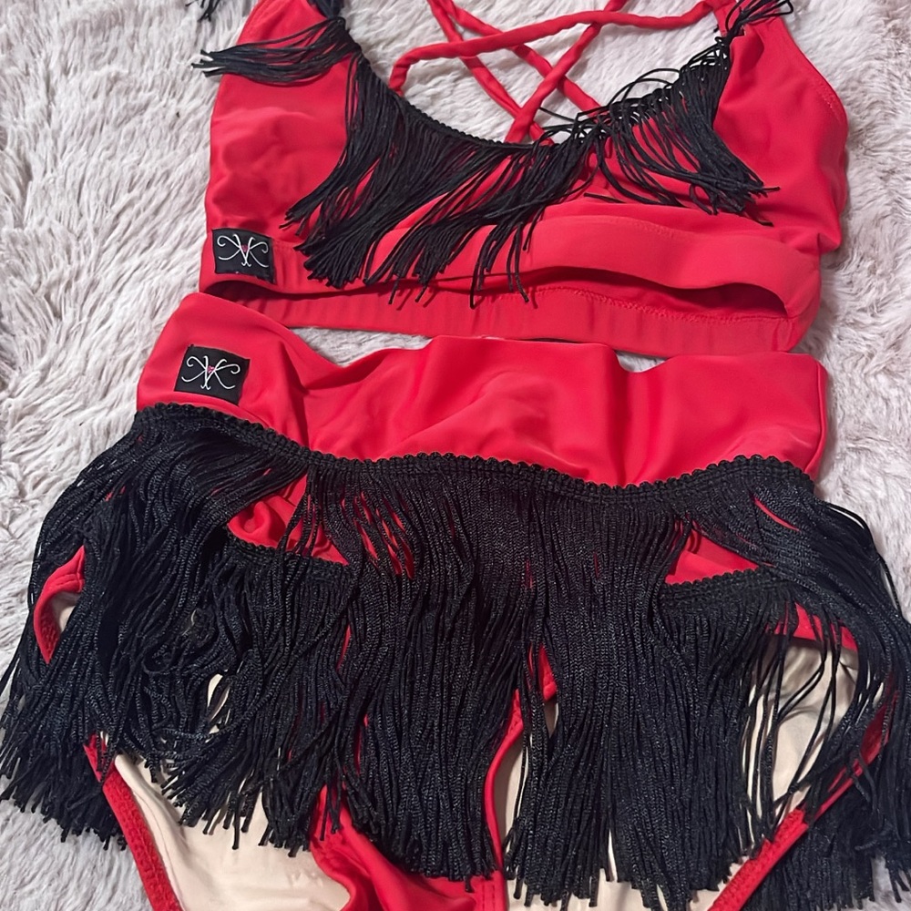 Red and Black Fringe Bra Set